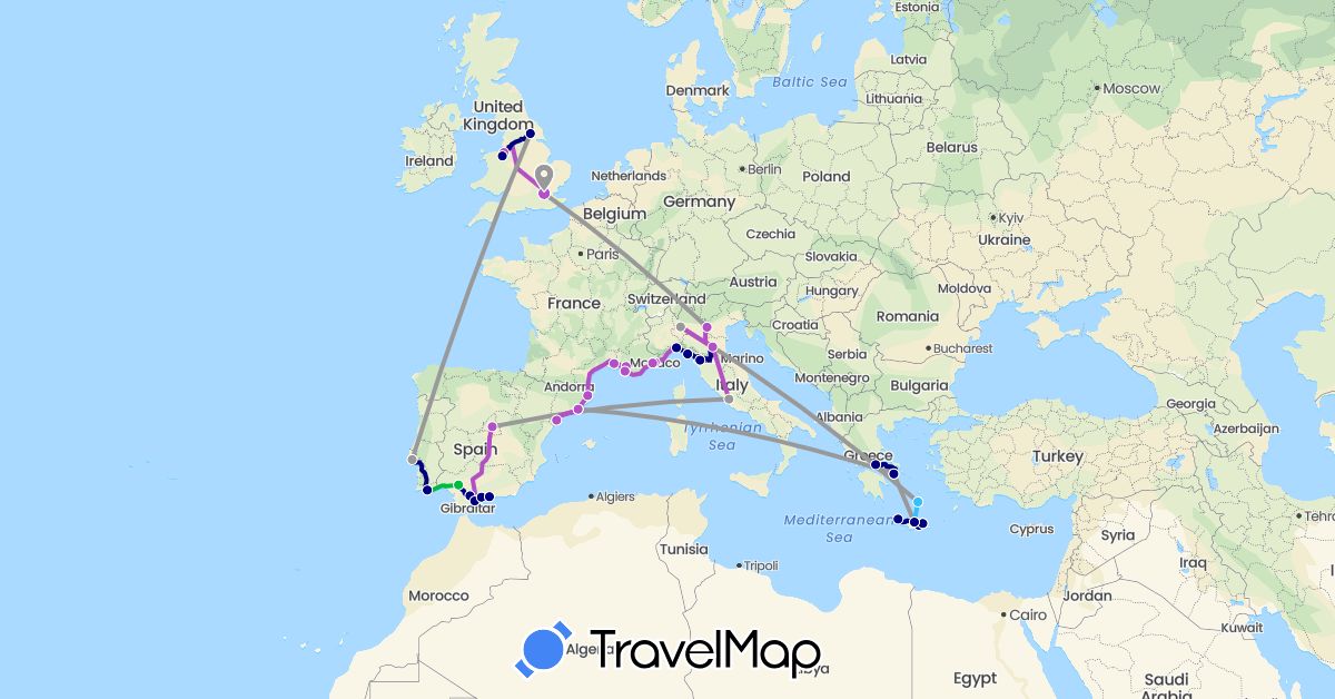 TravelMap itinerary: driving, bus, plane, train in Spain, France, United Kingdom, Greece, Italy, Monaco, Portugal (Europe)